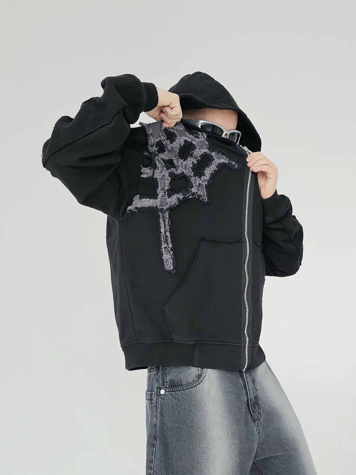 Distressed spiderweb 3.0 zip hoodie