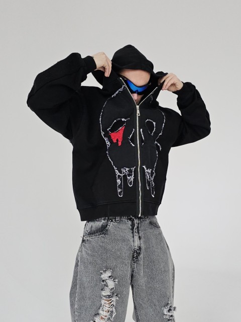 Destroyed skull zip hoodie