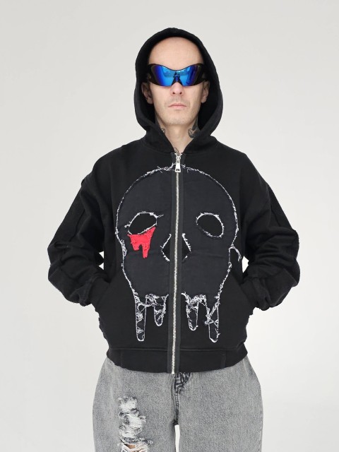 Destroyed skull zip hoodie